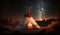 teepee indian tent standing in beautiful night landscape. generative ai.