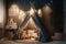 teepee with light and lanterns inside child room, creating cozy and enchanted atmosphere