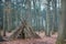 A teepee shaped children's camp built with fallen branches in the forest in the winter
