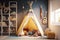 teepee surrounded by books and toys in child room