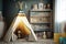 teepee surrounded by books and toys in child room