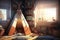 teepee surrounded by books and toys, with view of window and sunlight