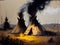 Teepees in a Field with Smoke Oil Painting of Landscape Background AI Generative