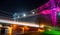 Tees Transporter Bridge under the colorful lights with long exposure at night in Middlesbrough