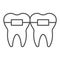 Teeth alignment thin line icon. Mouth braces, orthodontic treatment symbol, outline style pictogram on white background