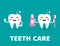 Teeth care concept. Healthy smiling tooth with toothbrush and toothpaste. Cute teeth with happy emoji. Tooth with shining effect.