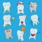 Teeth Collection Flat Vector Illustration. Set of cute tooth showing various emotions, happy shiny white tooth characters symbols