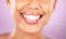 Teeth, dental floss and beauty with woman, face zoom and smile, cosmetic and oral healthcare against purple background