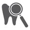 Teeth examination glyph icon, mouth and dental, lens and tooth sign, vector graphics, a solid pattern on a white