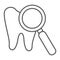 Teeth examination thin line icon, mouth and dental, lens and tooth sign, vector graphics, a linear pattern on a white