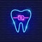 Teeth with ligature braces neon icon. Orthodontics concept. Sign for dentistry clinic