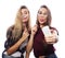 Tehnology, emotion and people concept: happy best girlfriends making selfie on smartphone over white background