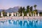 Tekirova, Turkey - September 2, 2019: Beautiful pool area of the Phaselis Rose hotel in Tekirova, Turkey. Tekirova is a seaside