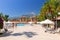 Tekirova, Turkey - September 2, 2019: Beautiful pool area of the Phaselis Rose hotel in Tekirova, Turkey. Tekirova is a seaside