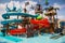 Tekirova, Turkey - September 5, 2019: Beautiful aquapark area of the Phaselis Rose hotel in Tekirova, Turkey. Tekirova is a