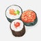 Tekkamaki, futomaki, ikura sushi rolls wrapped around with nori seaweed.
