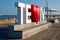 Tel Aviv sign at the Port area. Selfie photo opportunity in Tel Aviv. Play on words the word f