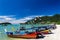 Telaga Harbor beach with colourful squid fishing boats on Langkawi island, also known as Pulau Langkawi, State of Kedah, Malaysia