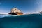 Telamon wreck ship in blue ocean. Split shot. Lanzarote