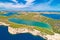 Telascica nature park cliffs and green Mir lake on Dugi Otok island aerial view