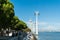 Telecabins cable cars and people in Park of Nations in Lisbon