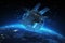 Telecom satellite orbits Earth, projecting futuristic data hologram for services