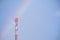 Telecommunication mast TV antennas wireless technology on blue sky background and copy space