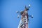 Telecommunication tower. Digital wireless connection system. Development of communication systems in urban areas. Modern Business