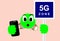 Telecommunications 5G network connectivity Cellular mobile communications. Banner of emoticon caught at the warning signal.