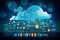 Telecommunications concept of computer social media clouds background illustration