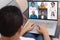 Teleconference during work from home due to coronavirus covid pandemic. Webcam pc screen views during group video call shows