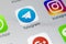 Telegram application icon on Apple iPhone X screen close-up. Telegram app icon. Telegram is an online social media network. Social