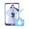 Telemedicine, female doctor clipboard and suitcase, smartphone remote consultation treatment and online healthcare