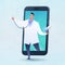 Telemedicine and Telehealth concept vector illustration.  A doctor carries a pill walking out from a smartphone