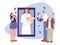 Telemedicine vector concept. Doctor on smartphone screen and patients with questions wait recipe and medications. Old