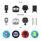 Telephone automatic, gazebo, garbage can, wall for children. Park set collection icons in black, flat, monochrome style