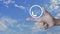 Telephone and mail flat icon button on finger over blue sky with white clouds, Business contact us concept