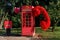 Telephone red English box, inscription phone