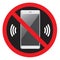 Telephone warning stop black sign icon. Phone turn off. Vector