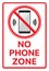 Telephone warning stop sign icon. With text NO PHONE ZONE. Vector