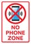 Telephone warning stop sign icon. With text NO PHONE ZONE. Vector