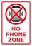 Telephone warning stop sign icon. With text NO PHONE ZONE. Vector