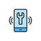 Telephone with wrench, helpdesk flat color icon.