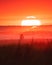 Telephoto image of the sun just dipping below the horizon over the ocean at sunset. Silhouettes of people taking in view on the be