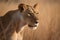 A telephoto shot of a lioness in the African savannah