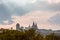 Telephoto shot of medieval fortification castle Kamianets-Podilskyi on sunset