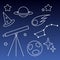 Telescope and boon and planet and comet with night line