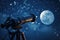 Telescope and celestial bodies like the moon, stars, and planets in night