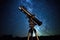 telescope positioned to view jupiter against a starry night sky