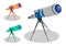 Telescope on tripod for observing space, stars and planets of solar system. Space exploration. Cartoon isolated vector on white